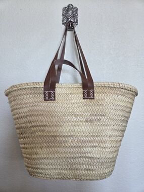 French Market Woven Straw Tote Bag with Brown Leather Handles